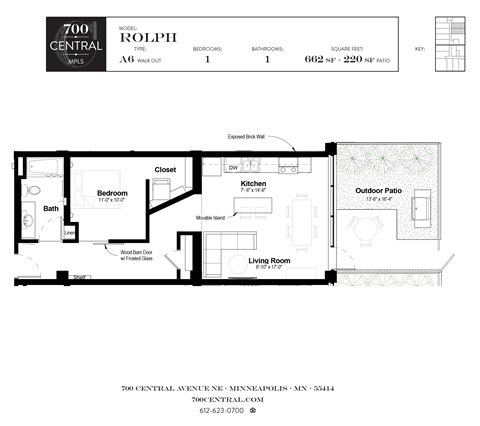 One Bed One Bath Rolph Floorplan  at 700 Central Apartments, 700 Central Avenue, Minneapolis